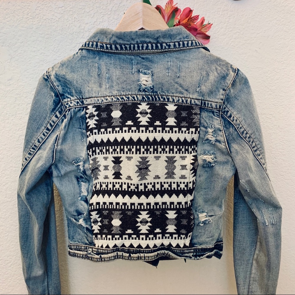 White Crow Aztec Back Distressed Denim Jacket